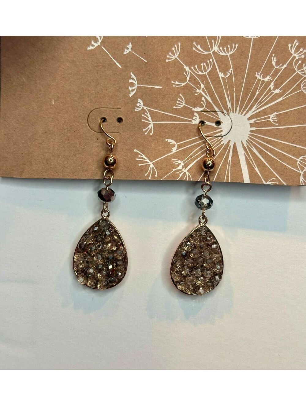 Gold Tone Crystal Teardrop Dangle Earrings Smoky Rhinestone Drop NWT